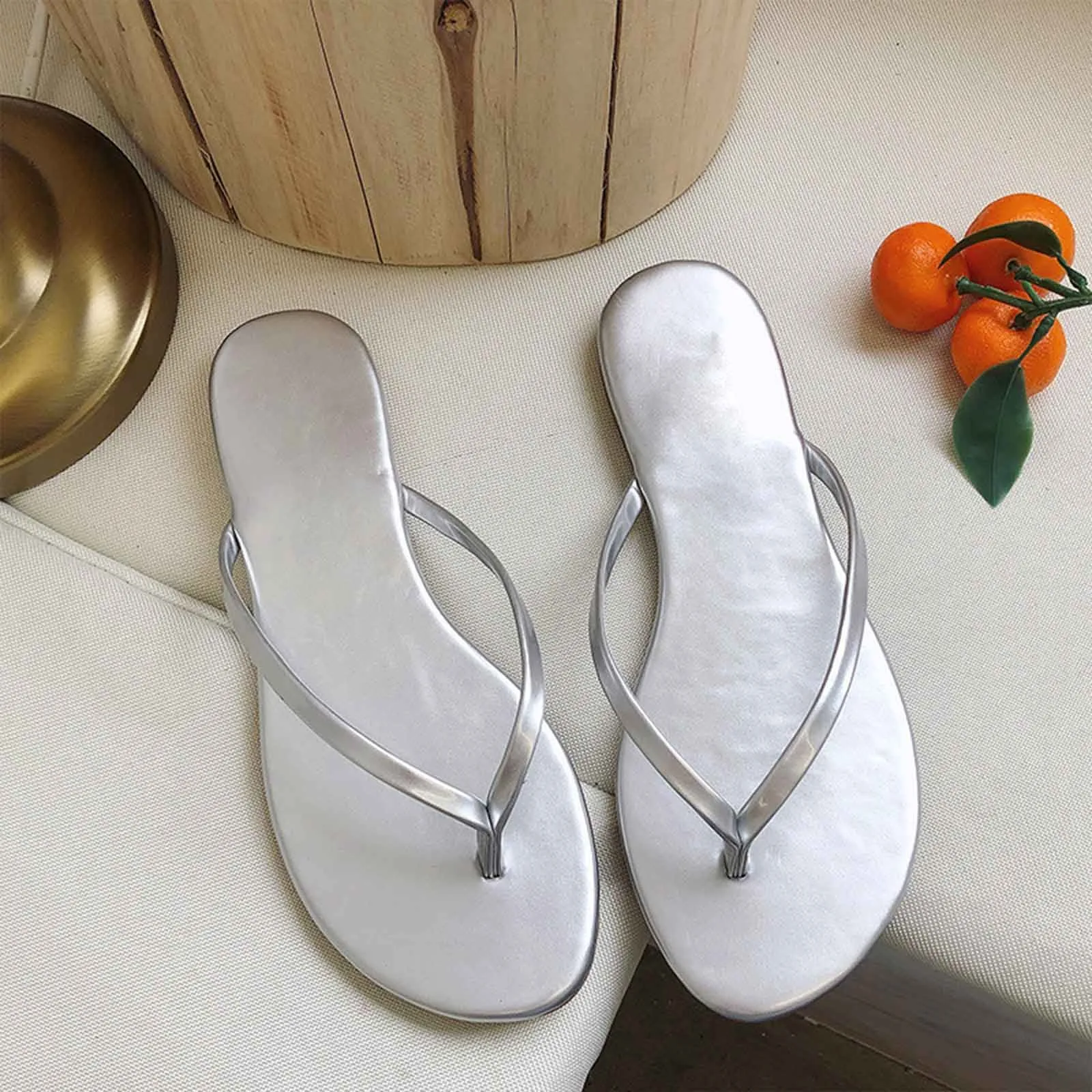 Summer Women Fashion Sandals Flip Flops White Flat Sole Solid Color Toe Casual Comfortable Concise Straps Slippers Outdoor Shoes