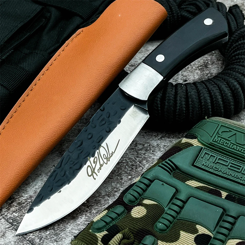 Full Tang Forged Steel Fixed Blade Knife, Ebony Handle with Portable Leather Sheath, Outdoor Camping Tool Practical Gift for Men