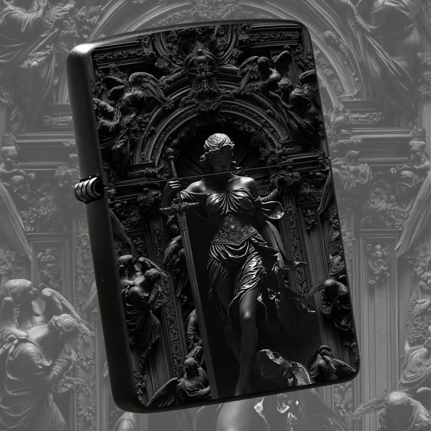 Dark Baroque Themed Blindfolded Justice Goddess Engraved Lighter, Exquisite Retro Relief Art Craft, Portable Stylish Daily Use Accessory, Ideal Unique Gift For And All Scenarios, Chic Decorative Practical Item With Stunning Visual Texture A