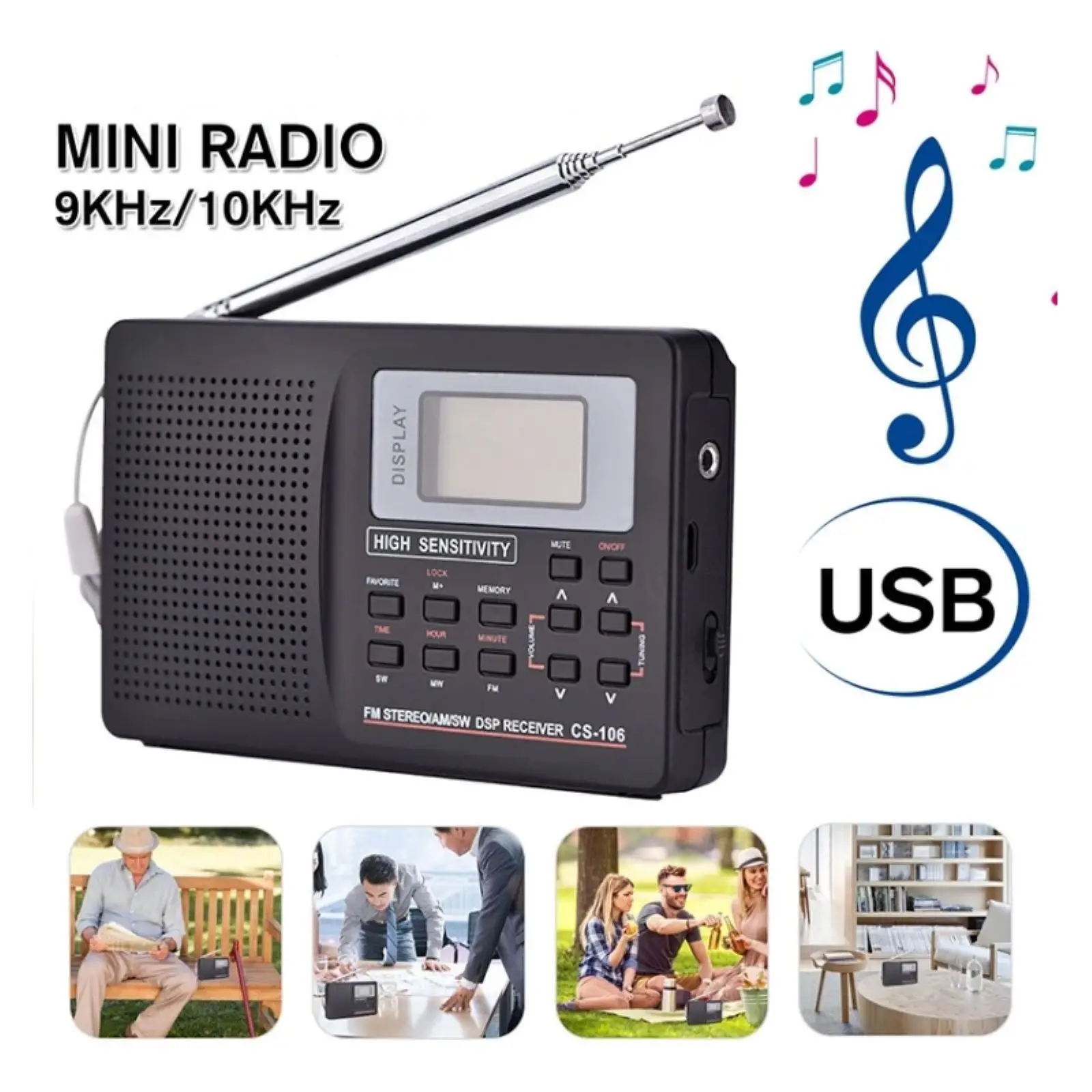 1Pc Full Band Radio FM/AM/SW/MW Full Frequency Band Receiver Portable FM Stereo LCD Display Digital Radio With Alarm Clock Black