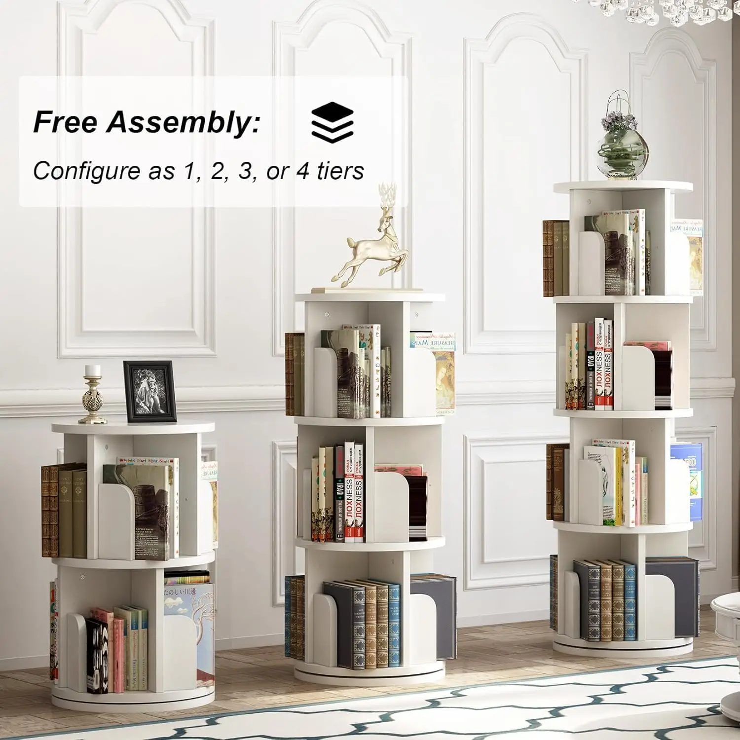 Rotating Bookshelf 3 Tier, 360° Revolving Bookcase Organizer for Kids & Adults Corner Bookshelves for Small Space Living Room