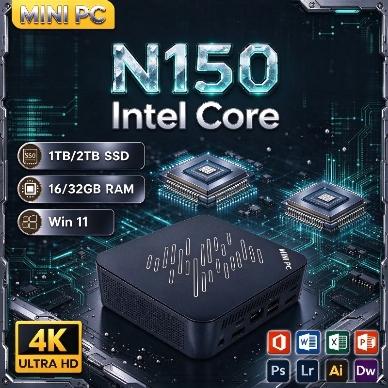 High-Speed Mini PC Intel N150 16GB RAM 2TB SSD WiFi 6 Display Support Windows 11 Compact Gaming Desktop for Home Office Work