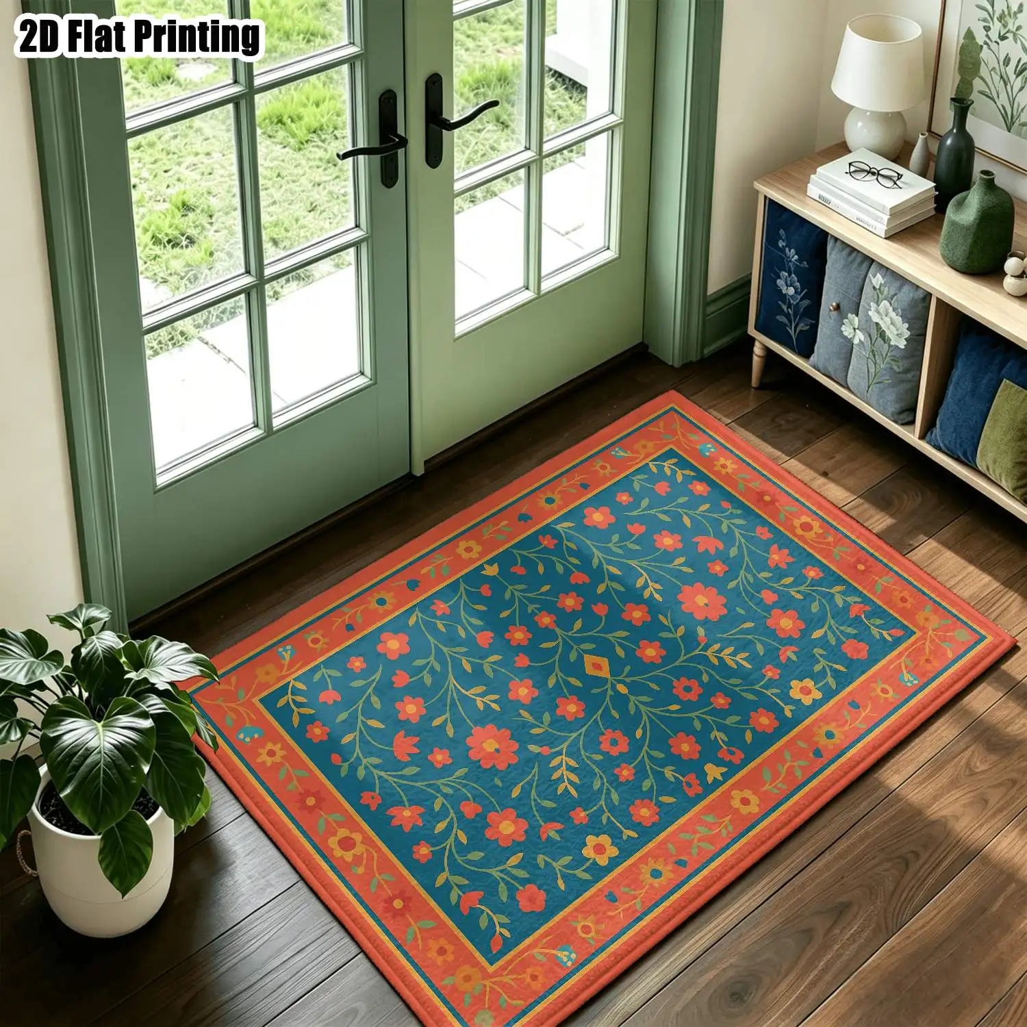 1Pc 2D Printed Carpet: Blue Base, Red Flower Geometric Pattern European, Bohemian, Vintage Style, Ideal for Home Decor, Multi-Size, Machine Washable, Suitable for Entryway, Dining Room, Foyer, Bedroom, Living Room.