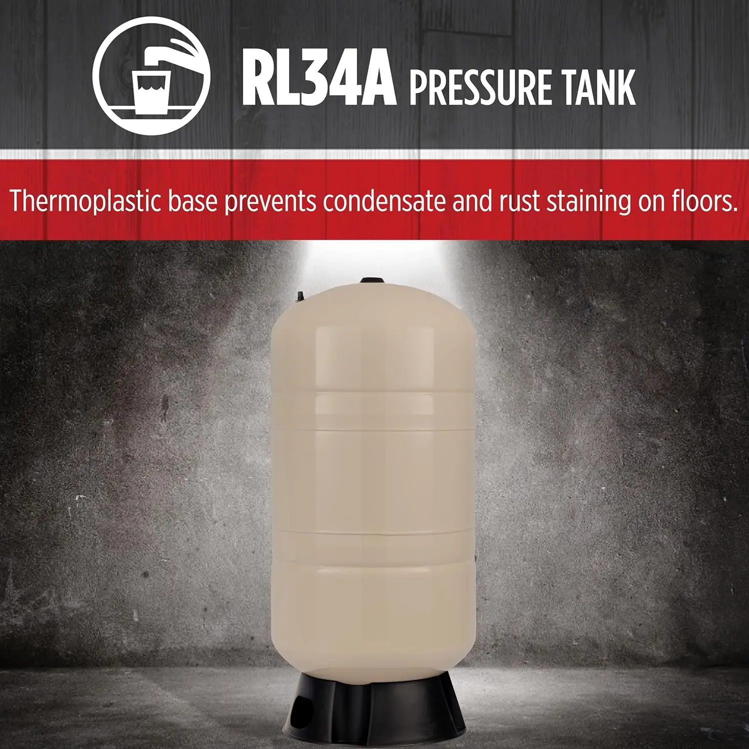 RL34A 34-Gallon Vertical Pre-Charged Pressure Tank with Thermoplastic Base for Well Pumps, 1-Inch FNPT System Connection,604683
