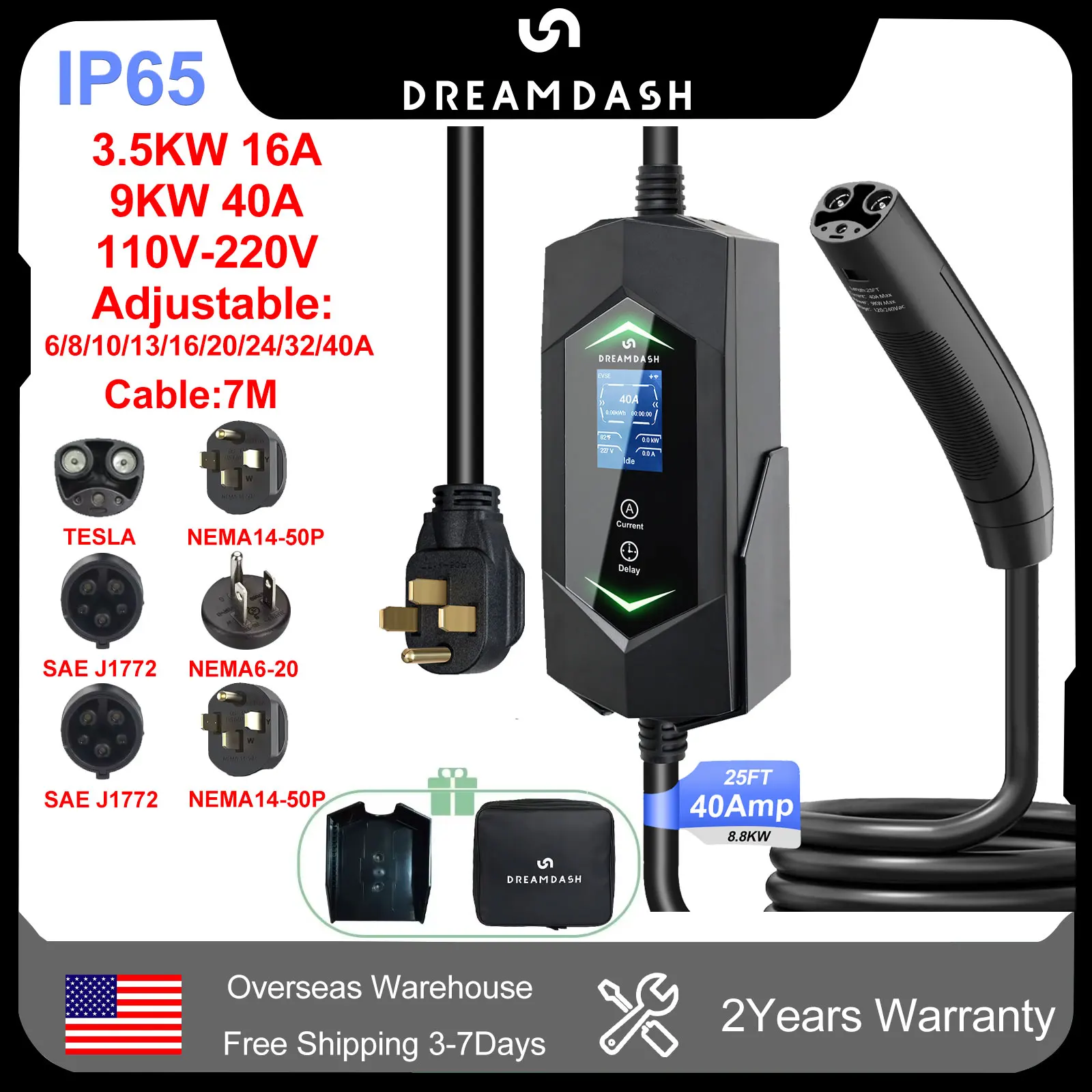 

Dreamdash 3.5KW 16A Portable EV Charger Type1 SAE J1772 Electric Car Charger For TESLA EVSE Charging Cable Wallbox Plug 9KW 40A