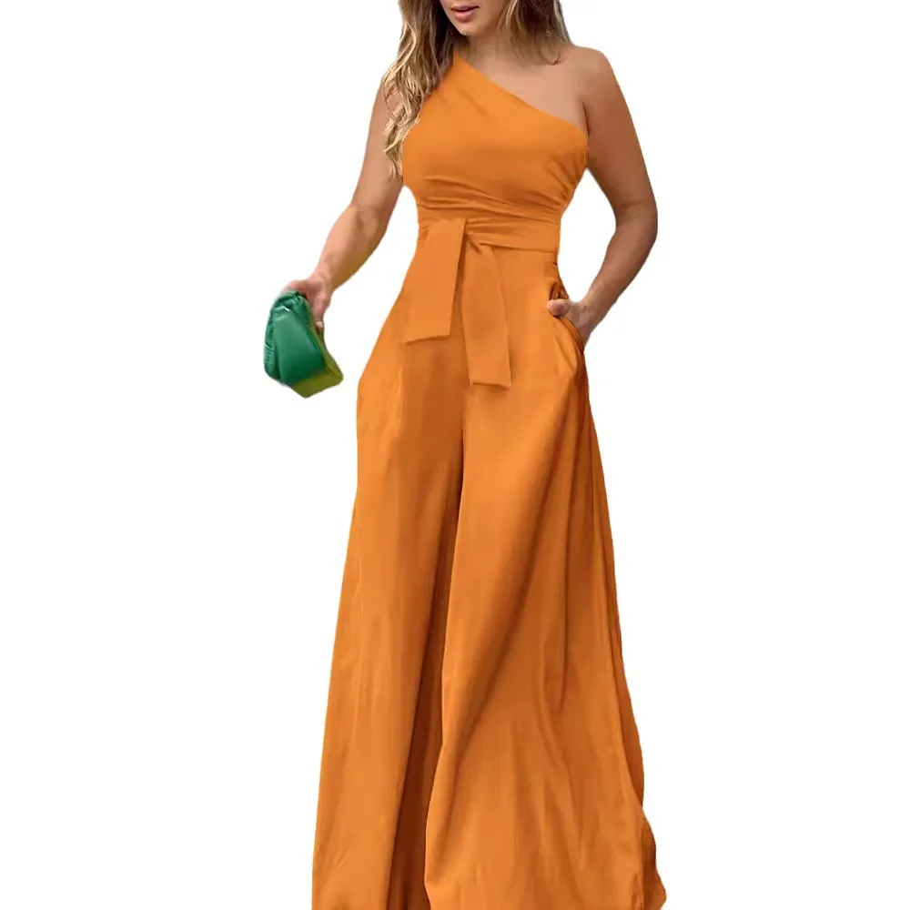 เสื้อผ้าผู้หญิงJumpsuitสีทึบLace-Upไม่สม่ําเสมอOff-The-Shoulder Casual Highเอวกว้างขาสุภาพสตรีJumpsuit