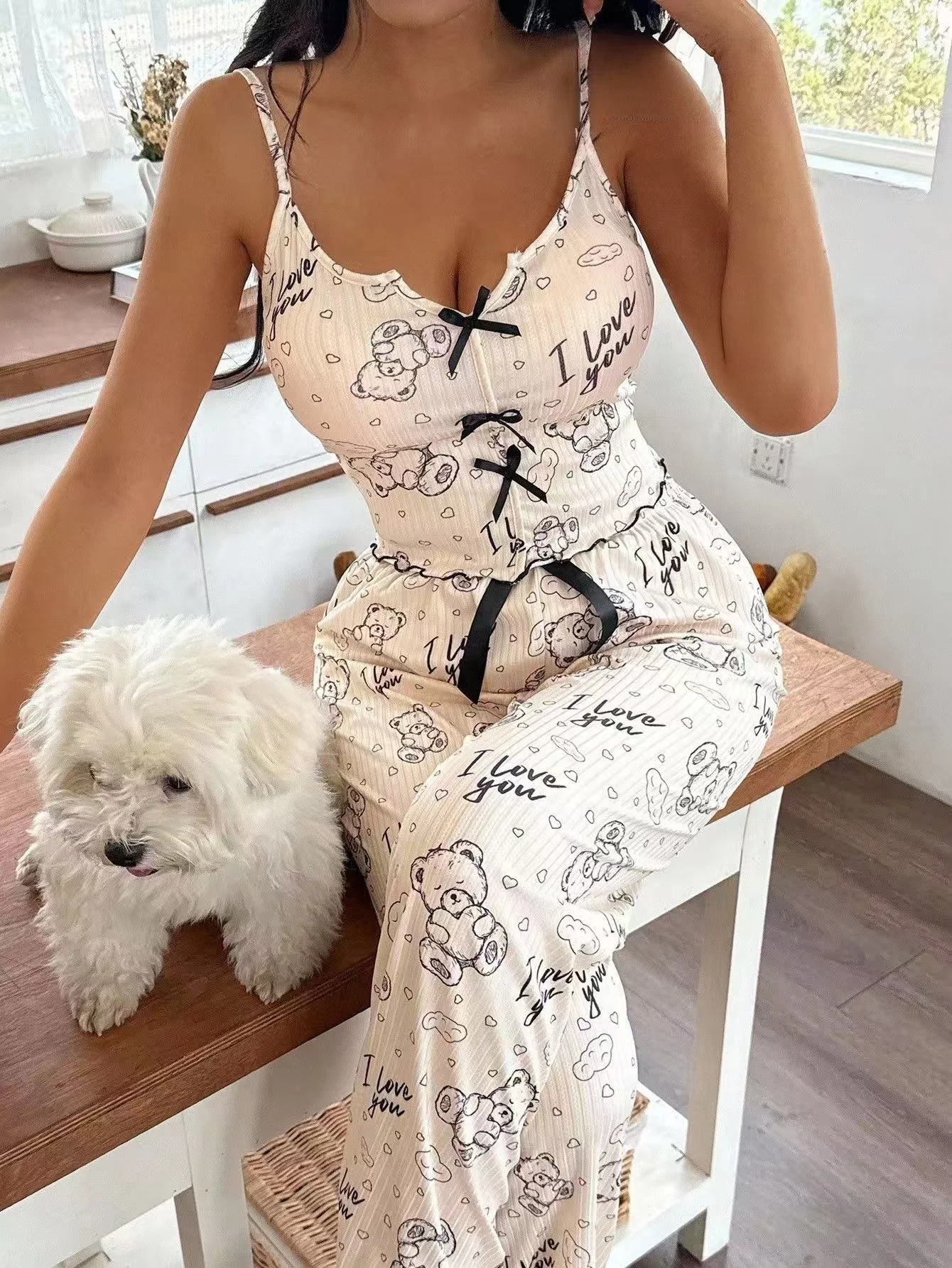

New Style Printed Knot Strap Vest And Pants Set Home Clothes V-neck Long Pants without Sleeve for Women Home Leisure