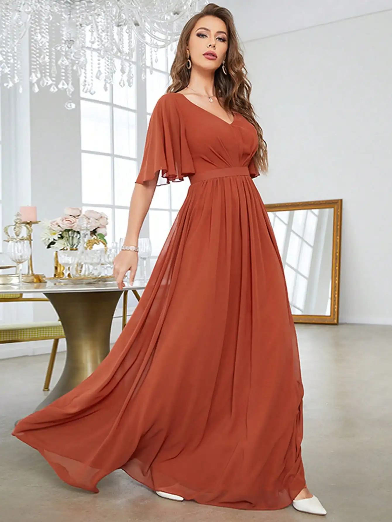 Mgiacy V-neck flared short sleeved hem chiffon dress