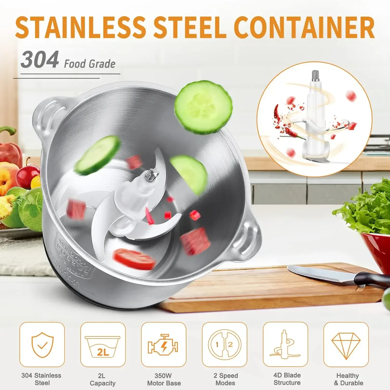 Electric Meat Grinder Stainless Steel Food Processor Chopper Kitchen Utensils Vegetable and Fruit Chopper Household Grinder