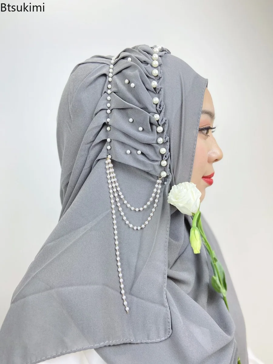 Élégant mousseline de soie Hijabs femmes musulmanes Hijab perle gland conception longue écharpe Turban châles islamique tête enveloppement pour les femmes foulard