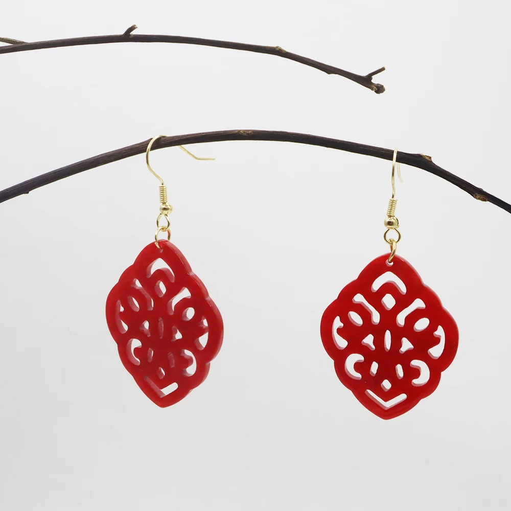 أقراط أكريليك مجوفة ، على الطراز الصيني القديم ، تصميم حصري ، أعمال يدوية أصلية ، حمراء ، تناسب كل شيء ، الموضة #6