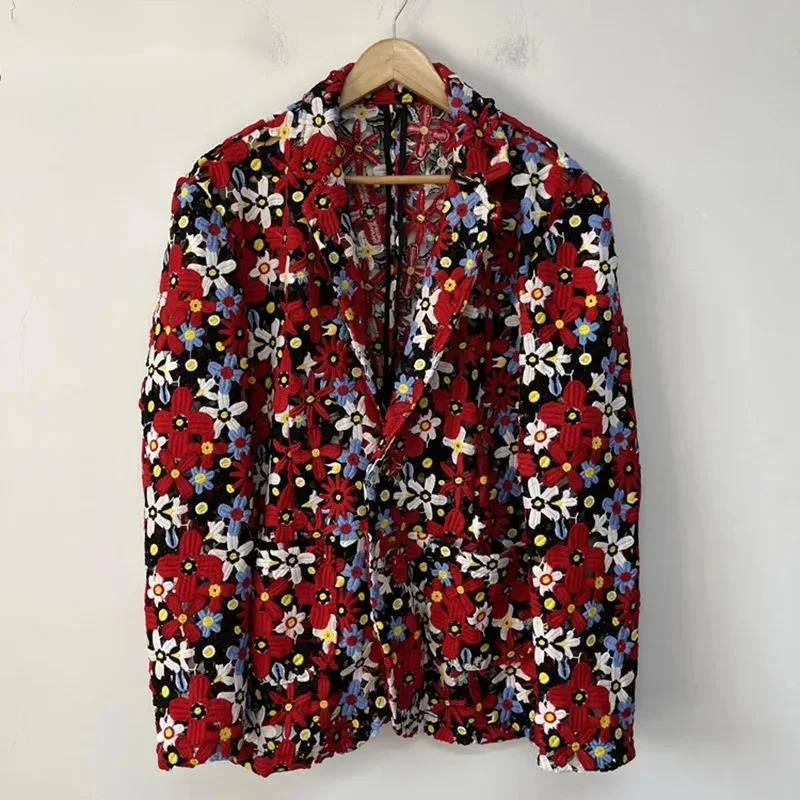 Floral Embroidery Hollow-out Design Niche Men's Blazer Personality Contrasting Color Long Sleeve Fashion Coats CS78