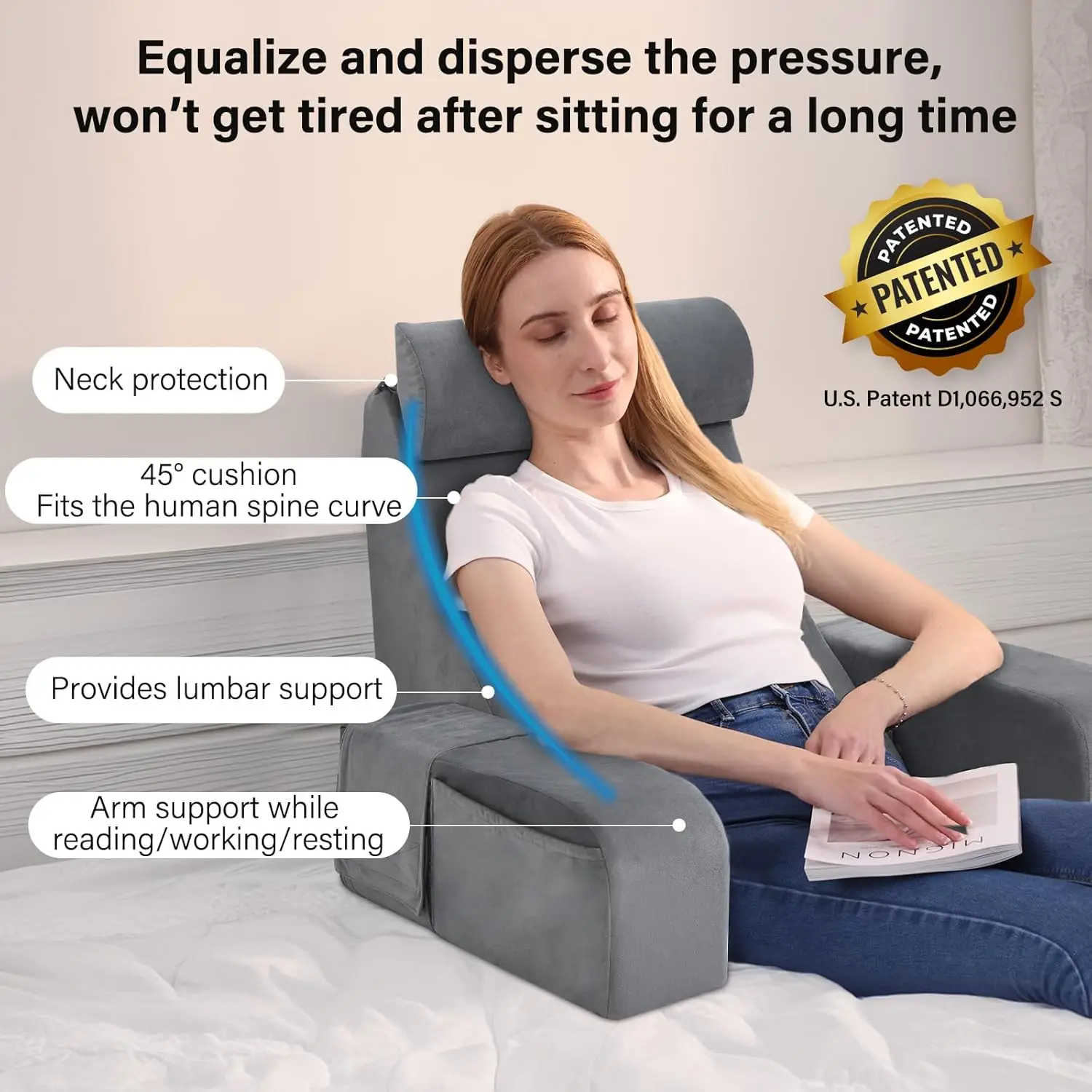 Big Back Pillow for Bed Sitting Up Reading Pillow with Armrests Pockets Adults Pillow for Resting Watching TV Nursing Recovery