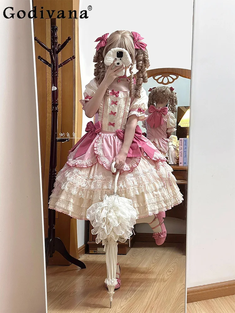

Dreamy Sweet Girl Japanese Original Lolita Puffy Princess Dress Round Neck Puff Sleeve Lace Bow OP Dresses