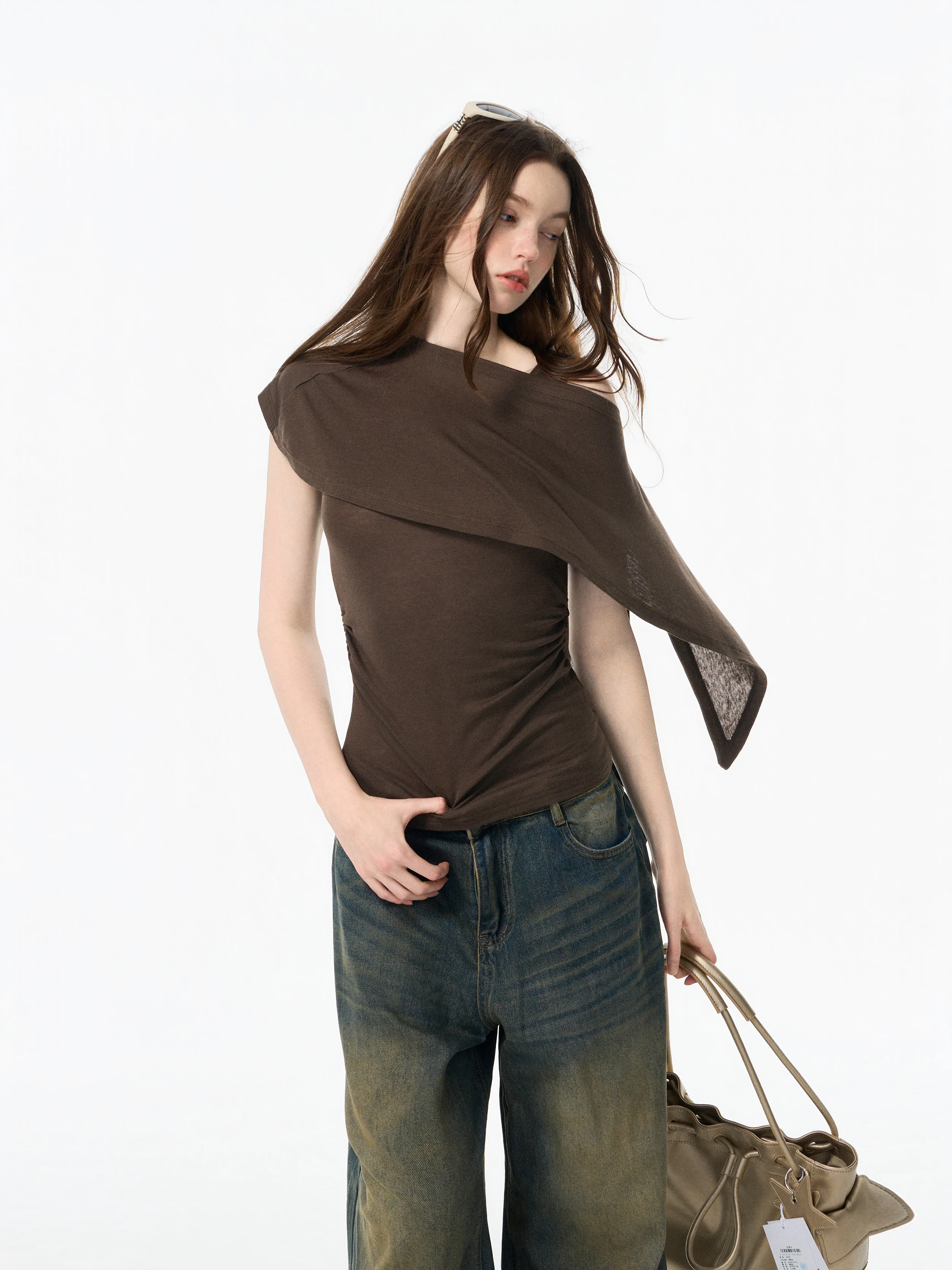 Café Brown Short Sleeve T-Shirt Women Summer Slim Fit Waist Cinching Design Short Style Shoulder Baring Two-Piece Set