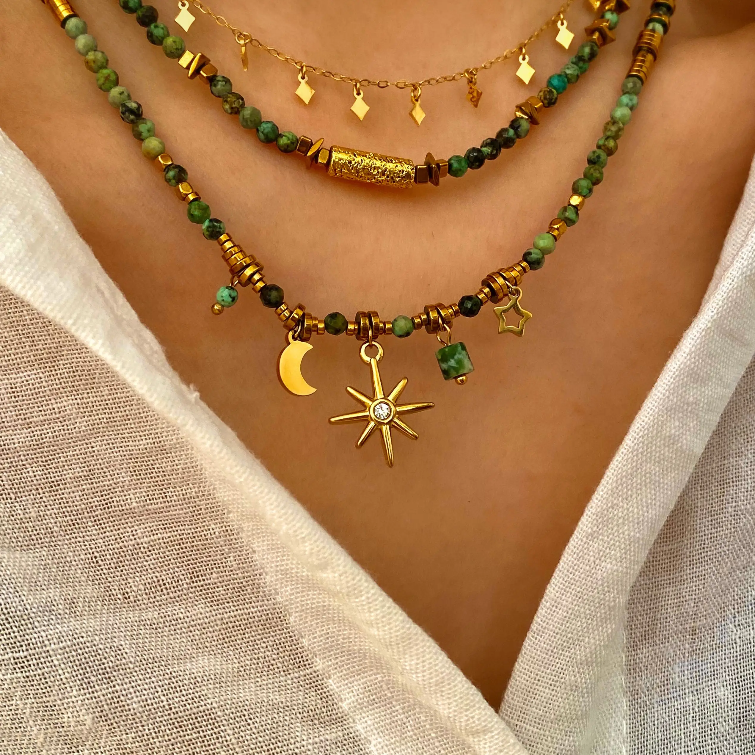 

CARLIDANA Summer Colorful Natural Stone Beaded Stainless Steel Necklace Stacked Stars Pendant Fashion Jewelry for Women