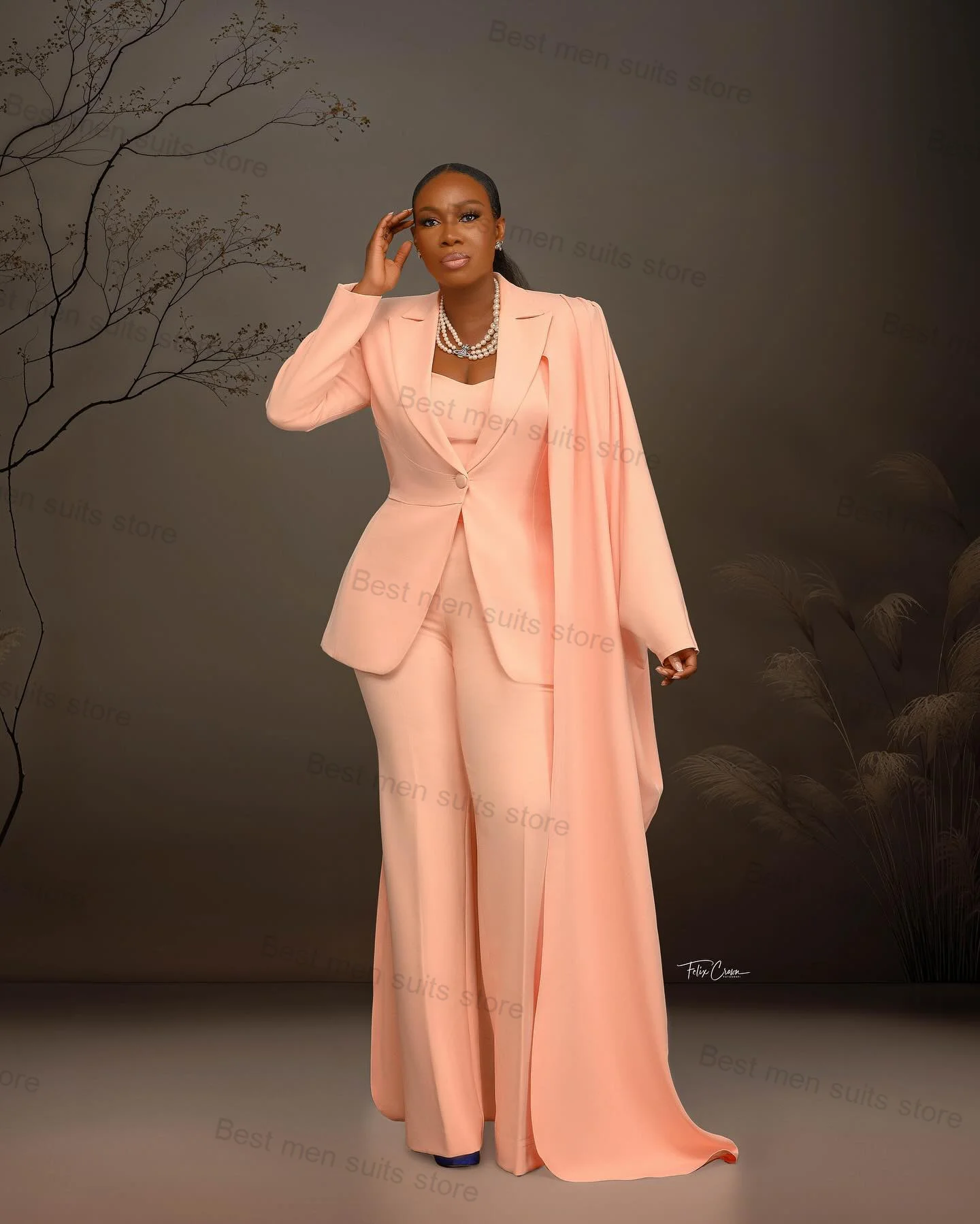 Luxury Pink Cape Women Suit Pants Set 2 Piece Blazer+Trousers Formal Office Lady Jacket Custom Size Wedding Prom Coat With Wrap