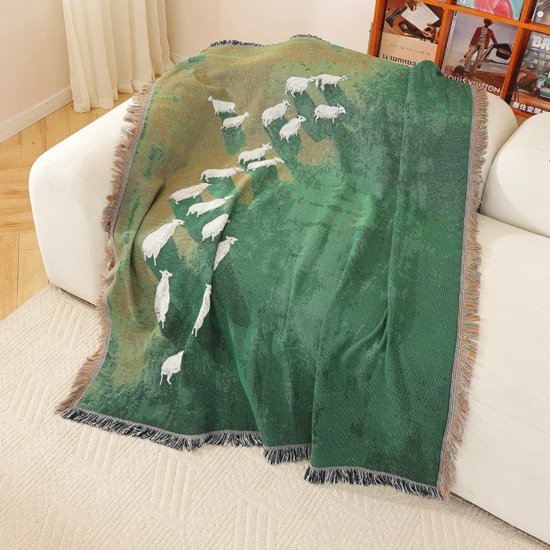 Grassland Sheep Tassel Blanket Home Decoration Sofa Towel Outdoor Camping Blanket Tapestry Oil Painting Style Throw Blanket