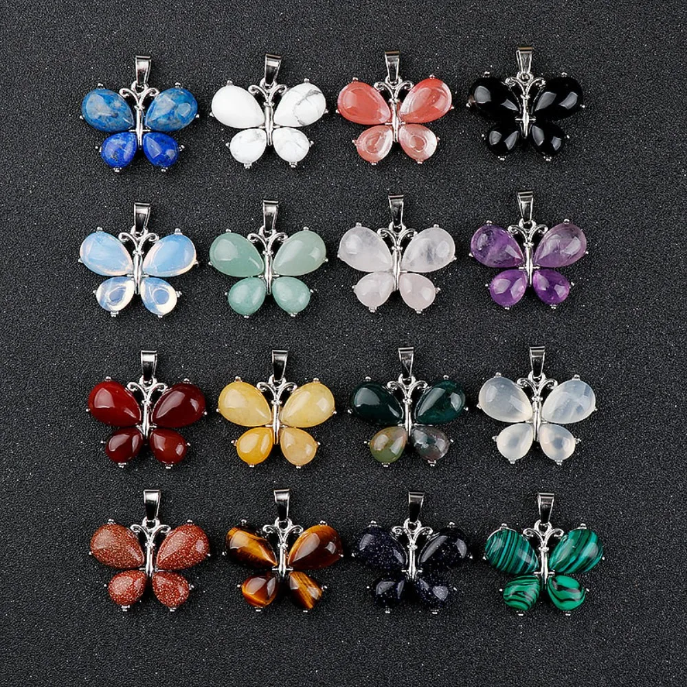 Butterfly Shape Natural Stone Pendants Necklaces, Healing Crystal Silver Plated Jewelry for Women