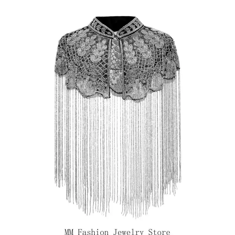 Beaded Fringe Shawl Open Front Shoulder Wrap for Party Evening Event Styling D0UB