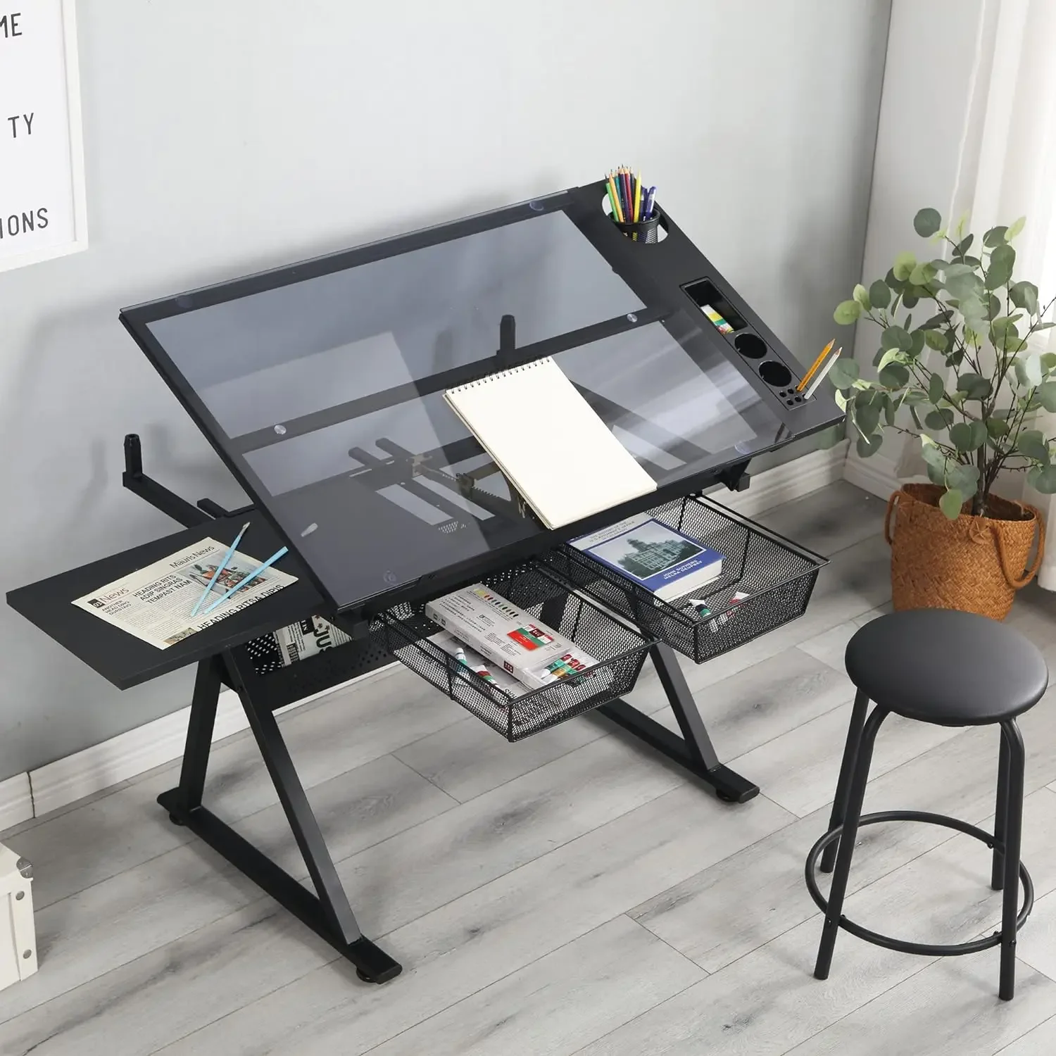 Height Adjustable Drafting Table - Modern Tempered Glasses Artist Drawing Table Tilted Tabletop with Chair,Glass Topped Art