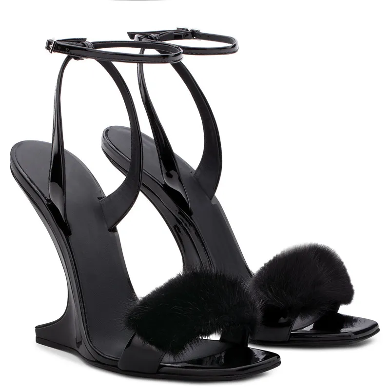 

New Mink Fur Sandals For Women Ankle Strap High Heels Party Shoes Women Fashion Ladies Shoes Zapatos De Mujer Sapato Feminine