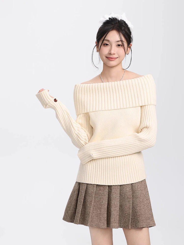 One Shoulder Sweater Women's Autumn Winter New Gentle Style Long Sleeve Knitted Sweater Spicy Girl Off Shoulder Knitted Tops