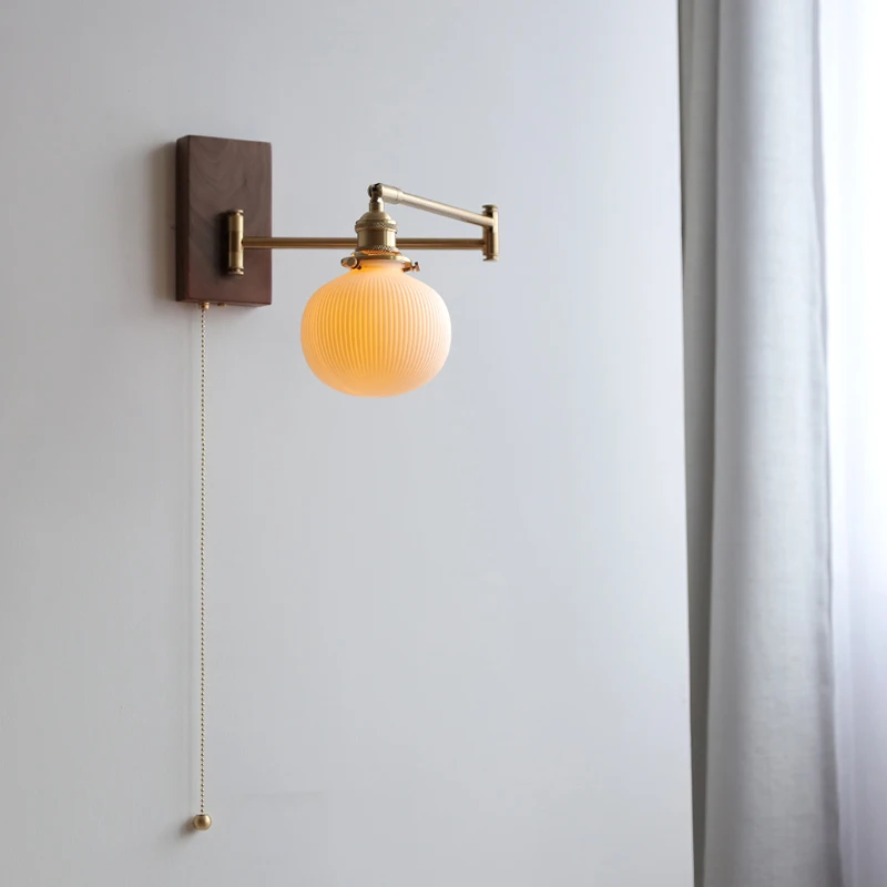 IWHD Pull Chain Switch LED Wall Lamp Beside Bedroom Living Room Light Arm Left Right Totate Wood Canopy Applique Murale Sconce