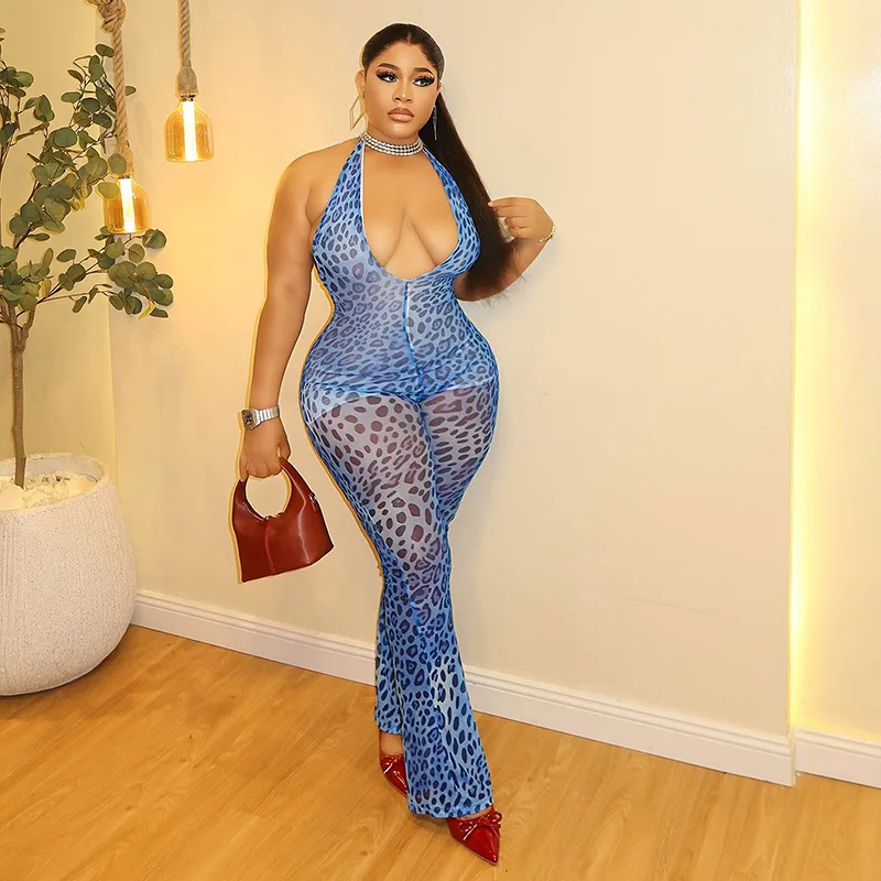 

STYLISH LADY Leopard Printed Mesh Jumpsuits 2025 Autumn Women Halter Backless Bodycon Hollow Out Sexy Club Party Sheer Overalls