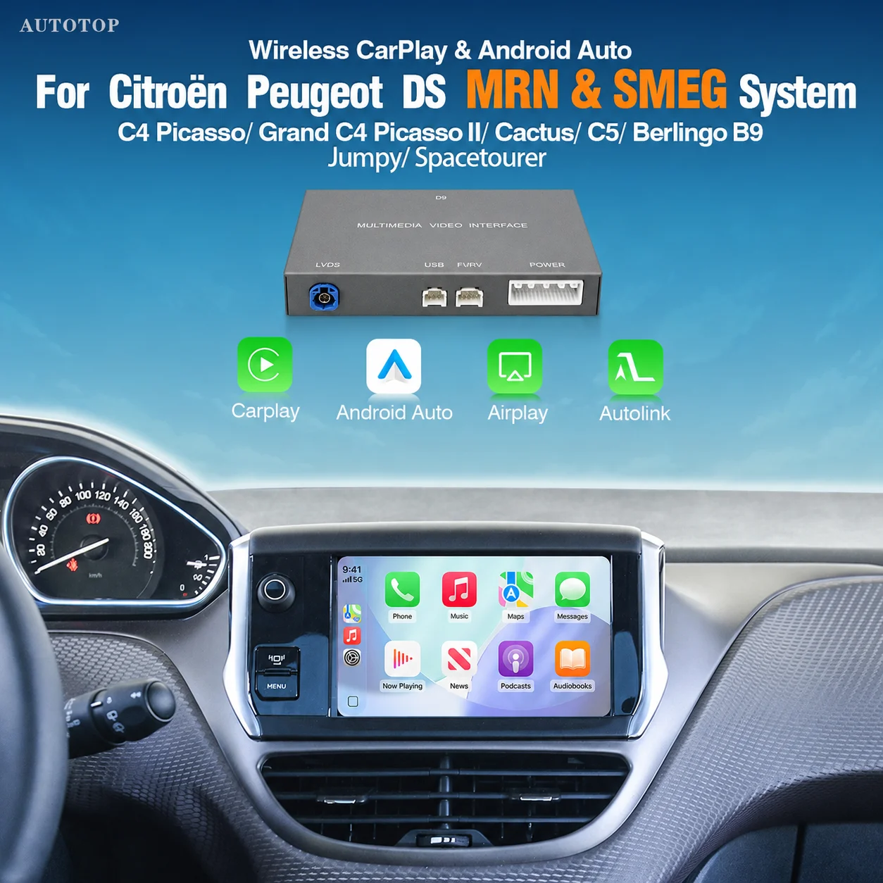 Moduł bezprzewodowego Carplay i Android Auto AUTOTOP do Citroën C4 C5 Peugeot 208 308 508 3008 DS3 DS4 DS5 SMEG Airplay Mirror Link — 2