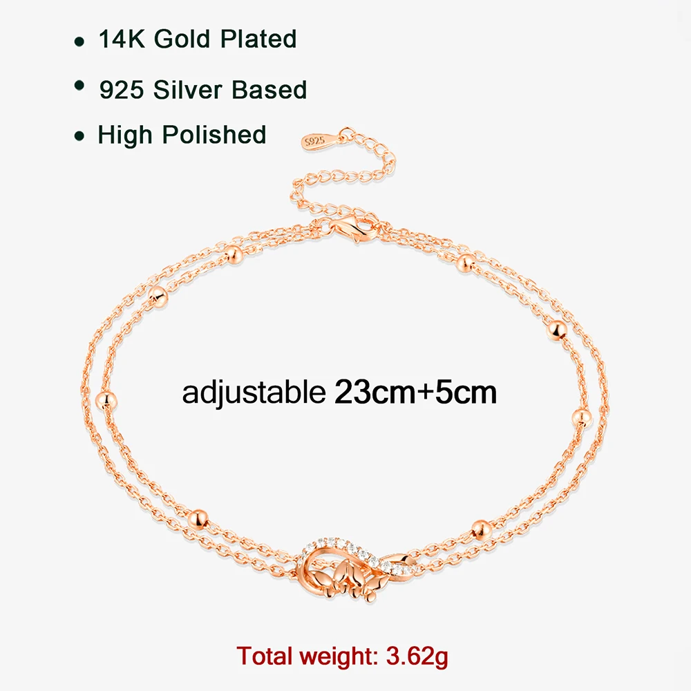 APIR 14k Rose Gold Plated Moissanite Anklet for Women 925 Sterling Silver Double Layer Adjustable Dainty Foot Chain Jewelry Gift