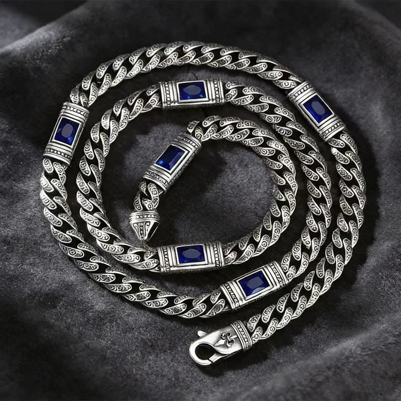 Vintage Engraved Cuban Link Chain Necklace, Zircon Inlaid Retro Chain, Antique Silver Tone Punk Men Statement Neck Jewelry