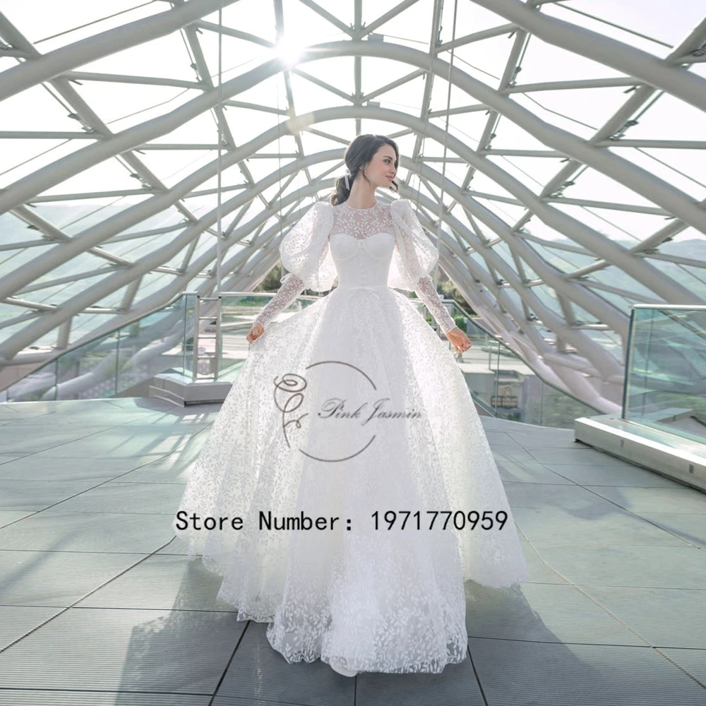 

Luxury High Neck Wedding Dress High Quality Lace Puffy Full Sleeves Wedding Gowns Court Train Custom Made vestido de noiva 2024