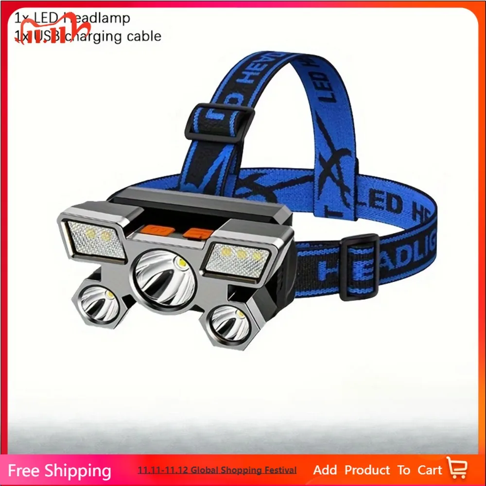 

USB Rechargeable LED Headlamp, 5 Lamp Beads 4 Modes Built-in Rechargeable Lithium Battery Lightweight Headlight Elastic Headband