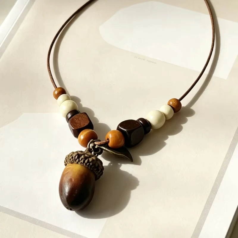 FTCY Vintage Acorn Pendant Necklace For Women  Bohemian Artistic Beaded Long Rope Necklace Fashion Personality Jewelry Gift view 4