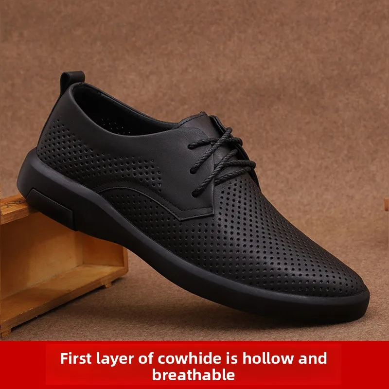 

Summer Hollow Men's Leather Shoes with Leather Toe Layer Dry and Perforated Hole Shoes Business Genuine Cowhide Leisure Shoes
