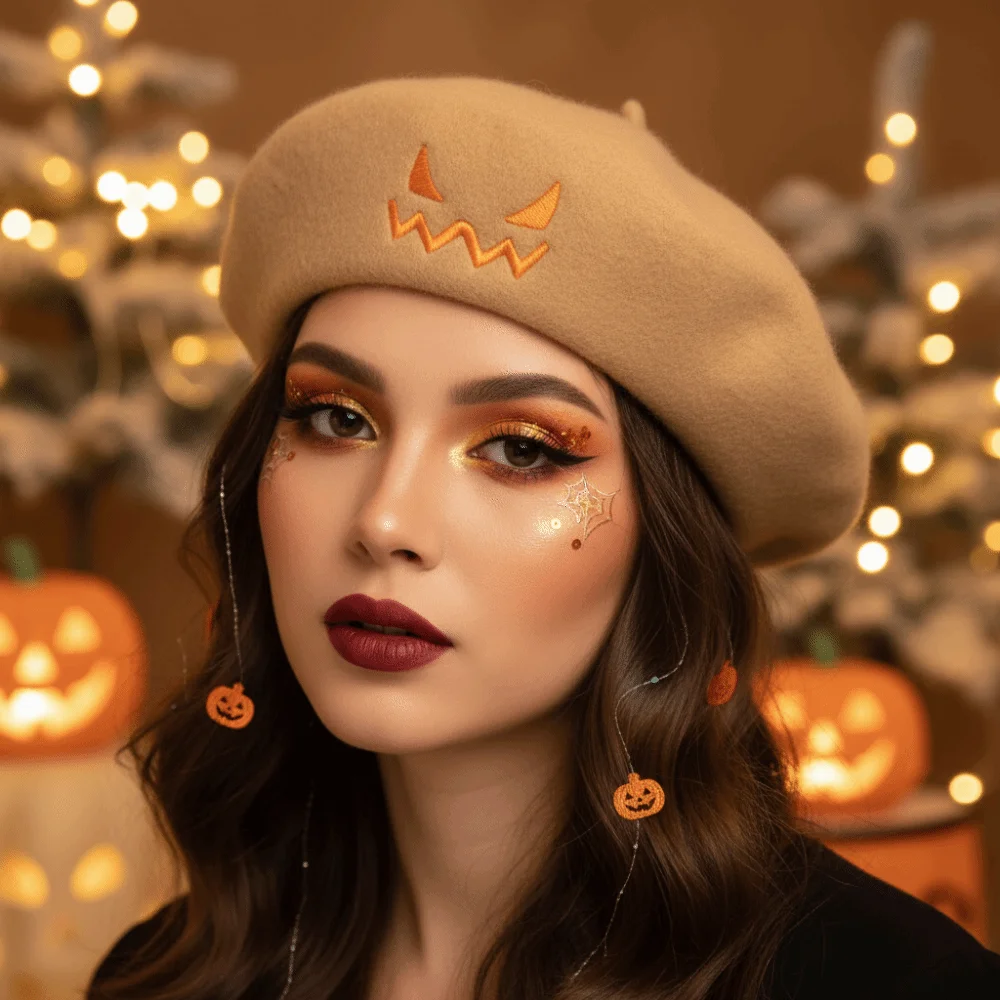 Woolen Pumpkin Beret Hat Embroidered Lightweight Pumpkin Face Cap Multicolor Cozy Embroidered Painter Hat Halloween Party 4