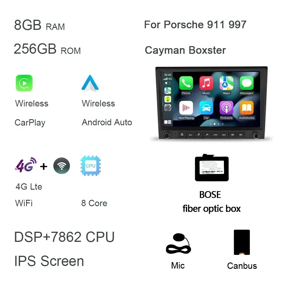 720P 8' 2 DIN Android 14.0 autoradio met 8-core processor, 256GB ROM, DSP, multimedia, GPS voor Porsche 987, 911, 997, Cayman, Boxster