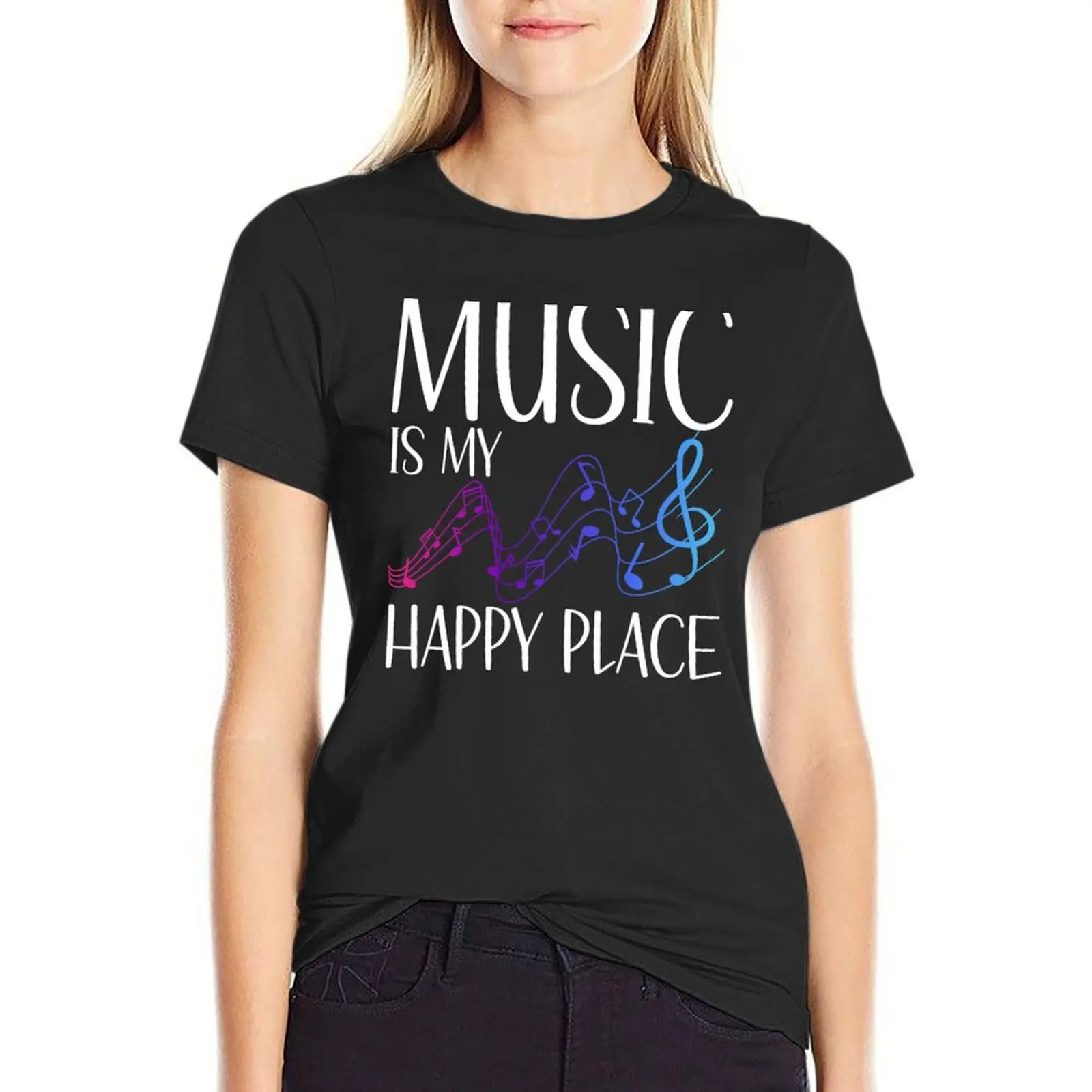 Music Is My Happy Place T-Shirt baju musim panas pakaian estetika grafis pakaian wanita ukuran besar