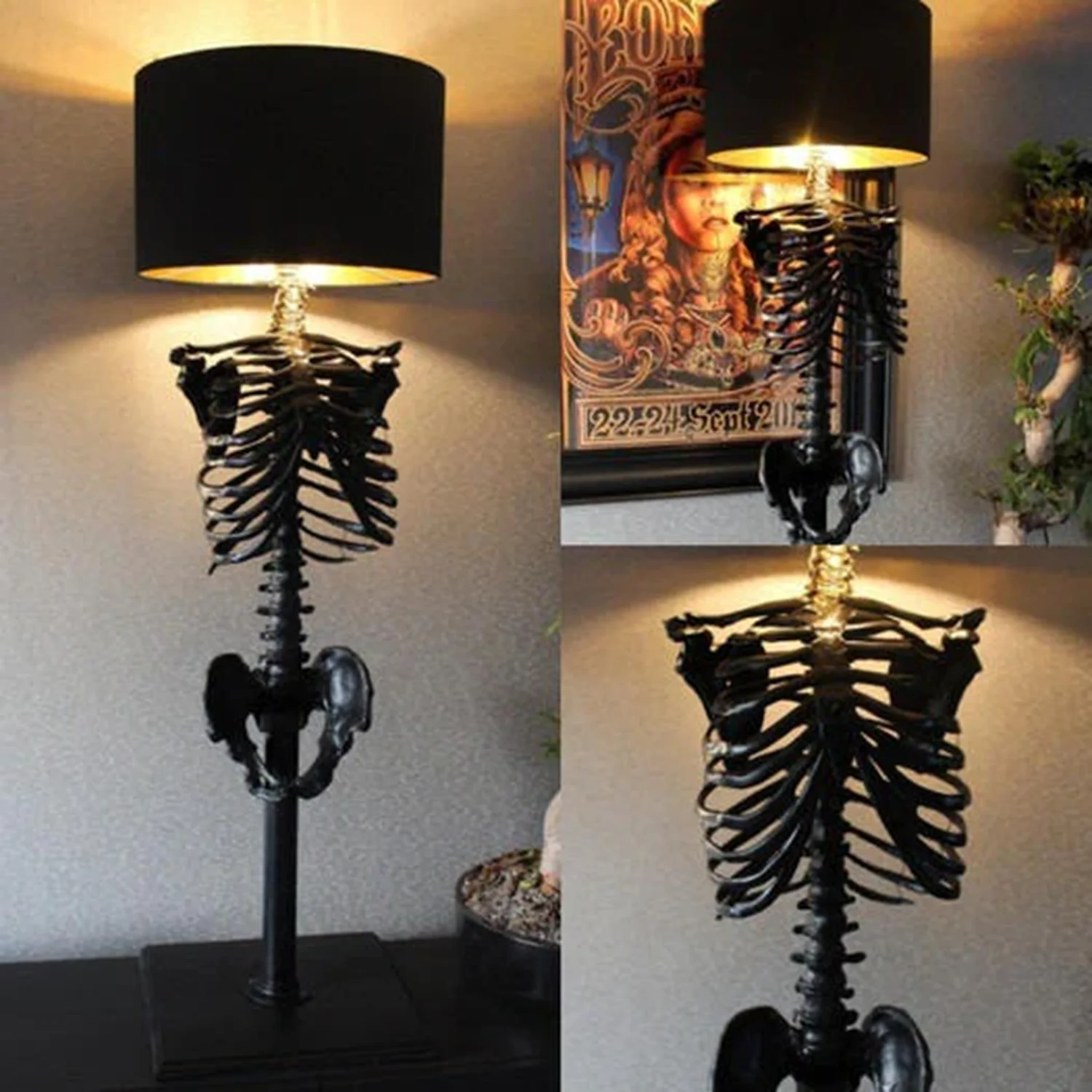 Lampa podłogowa Luugaa Halloween Skull, czarna gotycka lampa dekoracyjna Horror z abażurem z tkaniny.