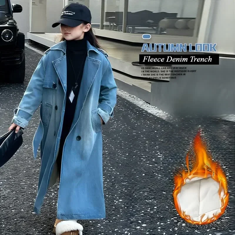 Girls Denim Trench Coat Winter Thick Warm Slim Long Outerwear 6 To 12 Y Kids Windbreaker Jacket Blue Loose Child Autumn Clothes