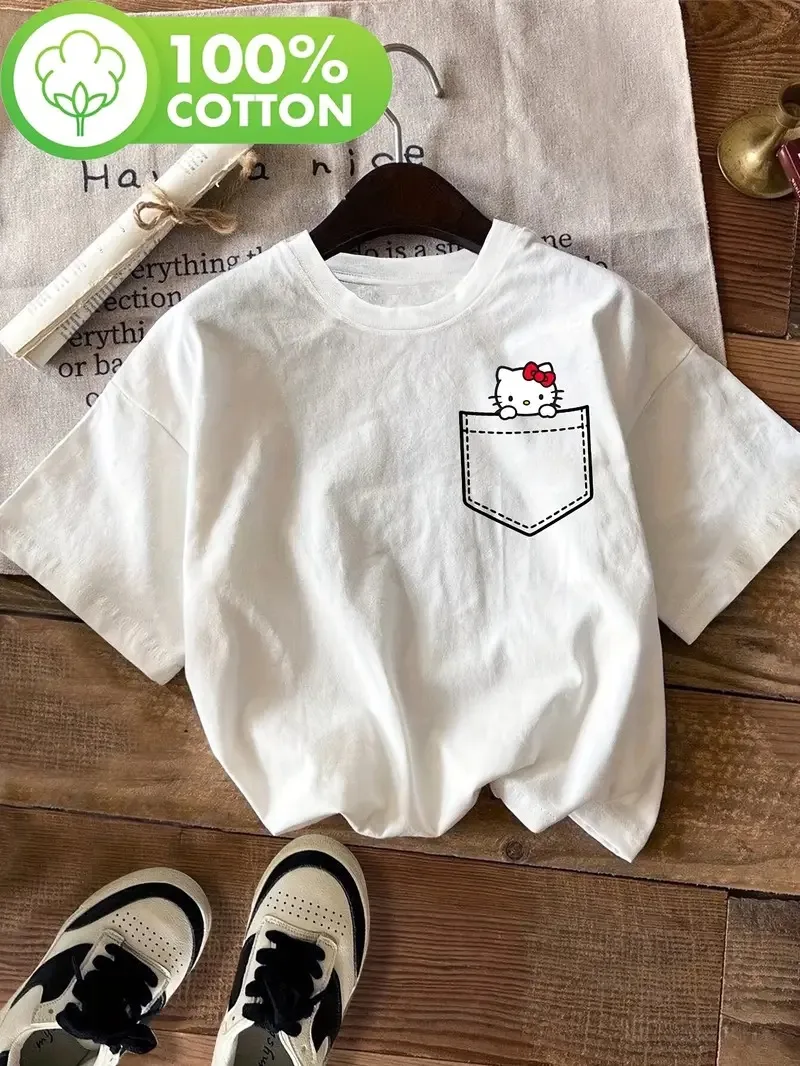 

Cotton T-shirt with Hello Kitty Fake Pocket Pattern Sweet and Fun Style Trendy Printed Brand Pure Cotton Short Sleeve Unisex