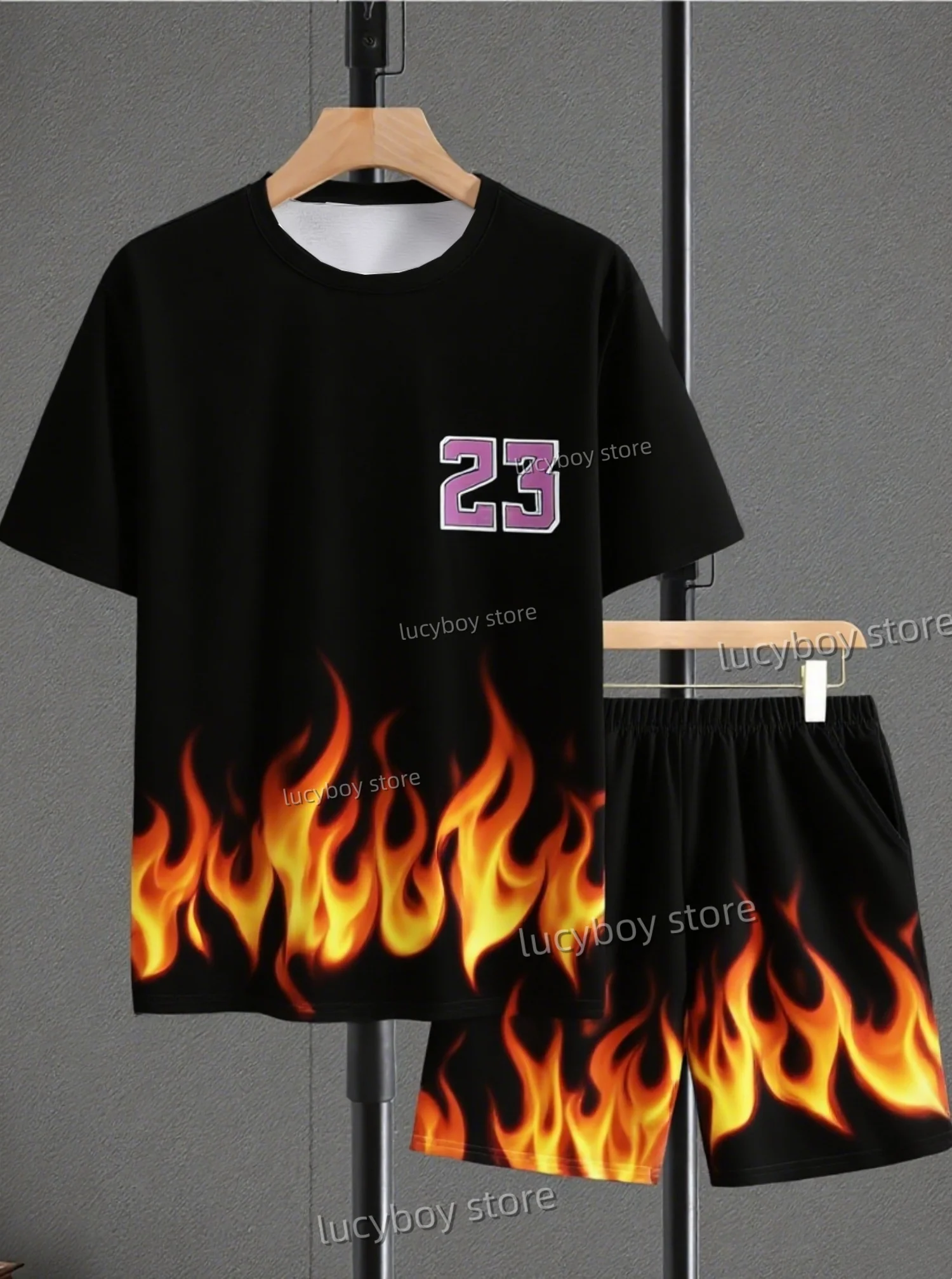 

2025 Men'Flame print No.23 Short Sleeve T-Shirt & Shorts Set Round Neck jogging Short Sleeved Women's T-shirt Shorts Set