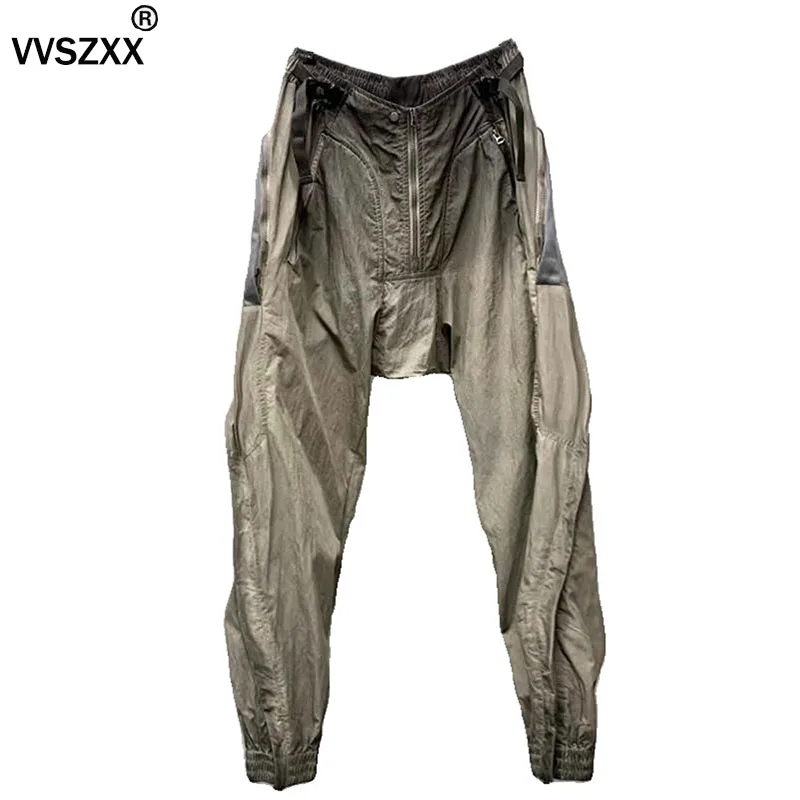 Wasteland Style Vintage Zipper Splicing Casual Pants Men Washing Dirty Staining Distressed Loose Trousers Male