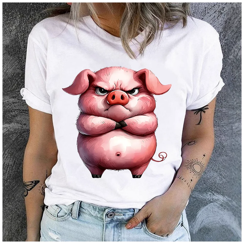 men Women's Cotton 100% Angry Little Fat Pig Print T-shirt Loose round Neck Casual Short Sleeve Fashion Top  Clothing Summer