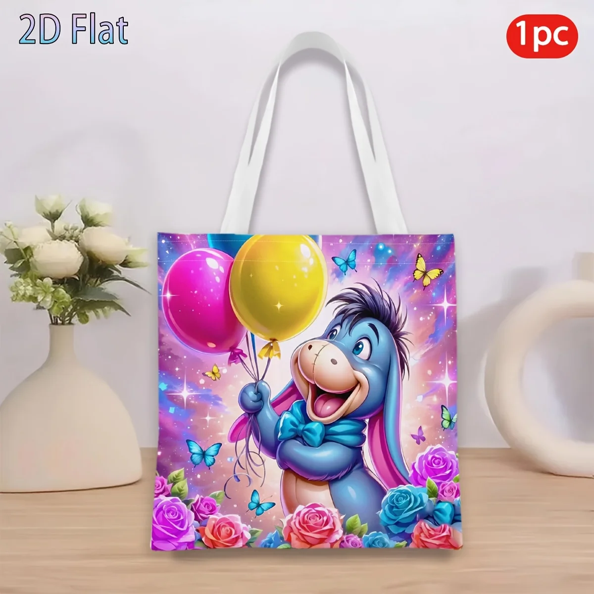 1pc Winnie the Pooh Eeyore Balloon & Floral Print Tote Bag, 