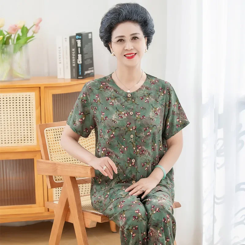 

Women's Floral Print Two-Piece Set Short Sleeve Button-Down Top Pants Casual Outfit for Elderly