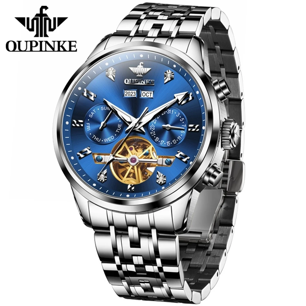 

OUPINKE Men's Watches Fashion 316L Stainless Steel Automatic Wristwatch Mechanical Flywheel Movement Sapphire Business Dress New