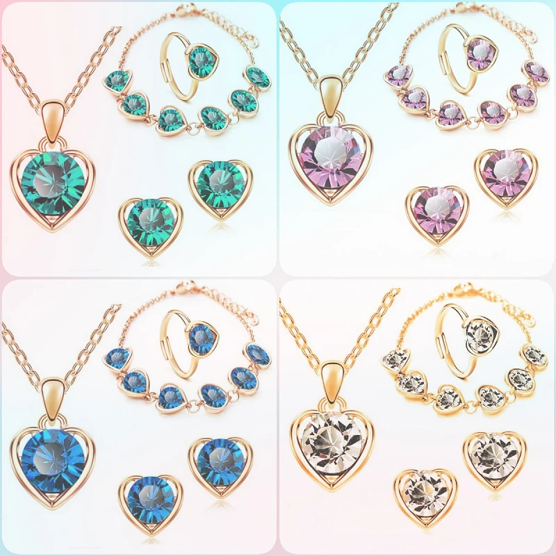 Exquisite Personality Four-piece Jewelry Fashion Heart-shaped Necklace Earrings Bracelet Ring Wedding Classic Photo Gift