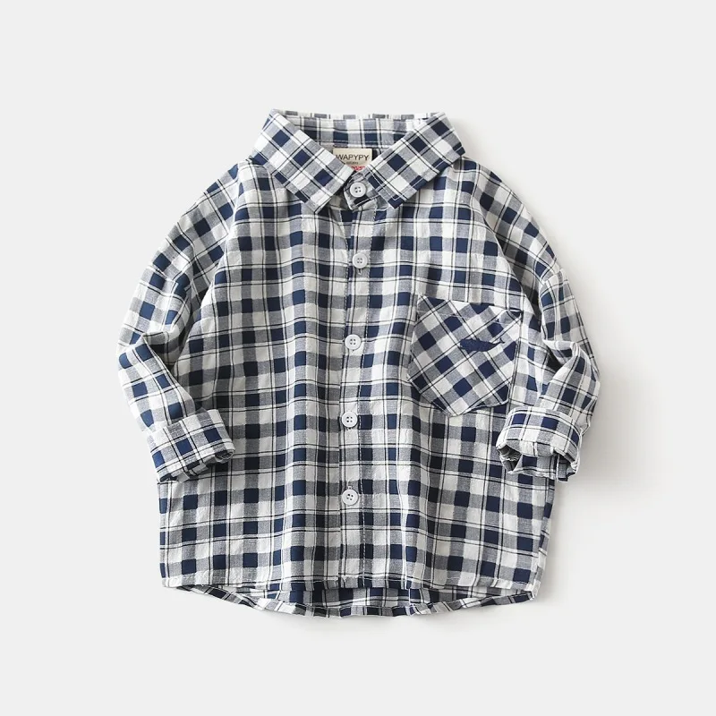 Kids Long Sleeve Plaid Shirt Navy Blue White Checkered Loose Fit Lightweight Cotton Linen Blend Tops Chest Pocket for Boys Girls